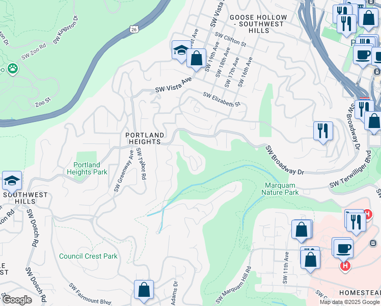 map of restaurants, bars, coffee shops, grocery stores, and more near 2127 Southwest Edgewood Road in Portland