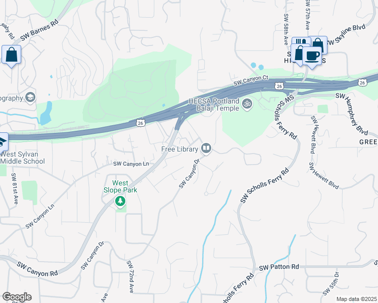 map of restaurants, bars, coffee shops, grocery stores, and more near 6605 Southwest Canyon Lane in Portland