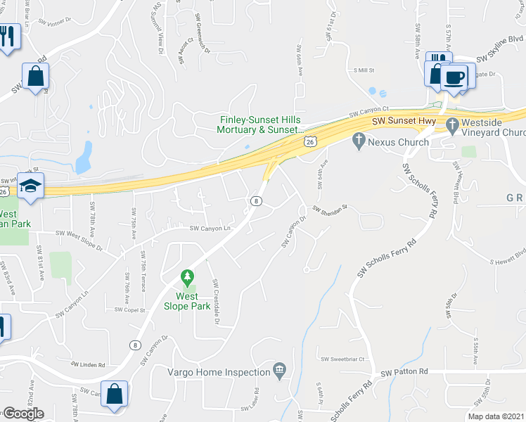 map of restaurants, bars, coffee shops, grocery stores, and more near 6802 Southwest Canyon Road in Portland