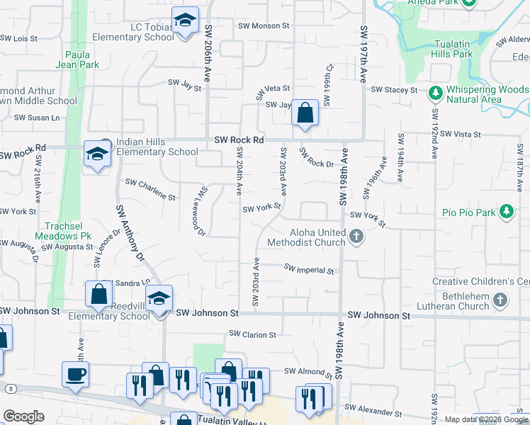 map of restaurants, bars, coffee shops, grocery stores, and more near 20350 Southwest Erin Place in Aloha