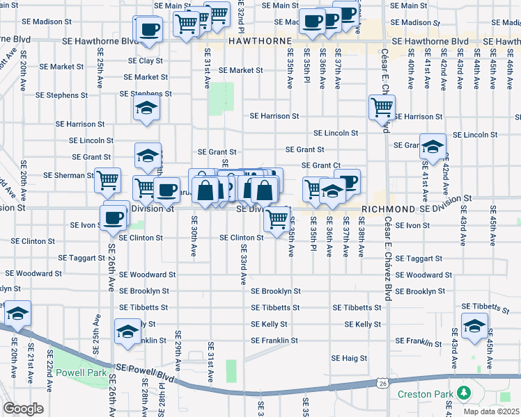 map of restaurants, bars, coffee shops, grocery stores, and more near SE Division St & SE 33rd Pl in Portland