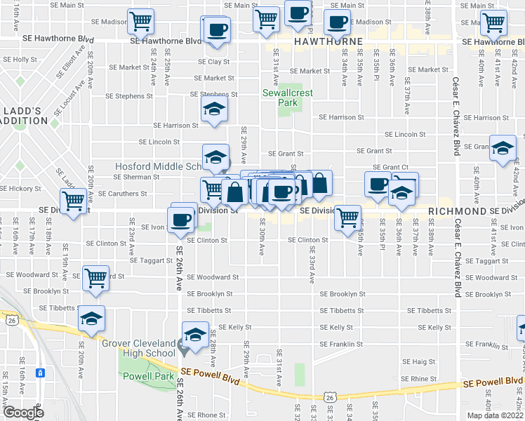 map of restaurants, bars, coffee shops, grocery stores, and more near SE Division St & SE 30th Ave in Portland