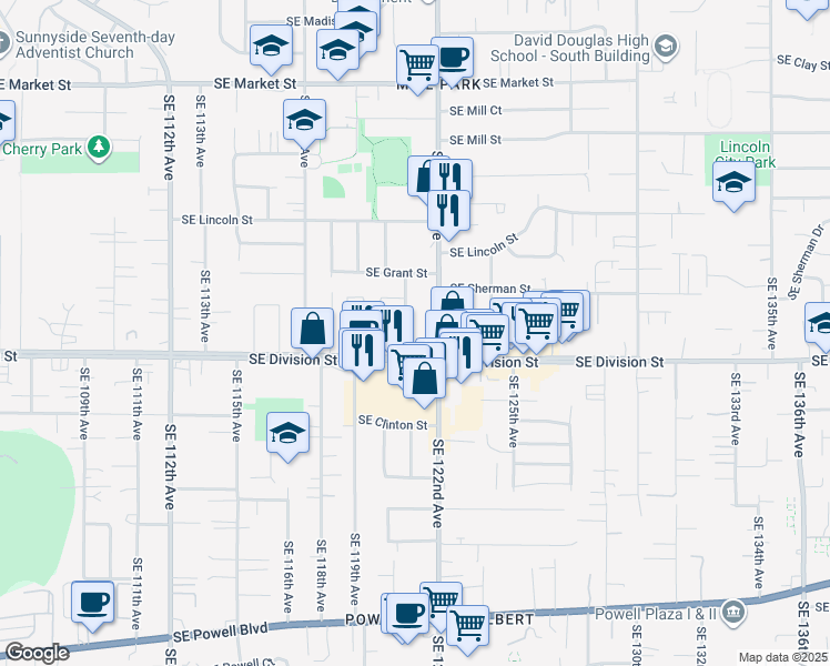 map of restaurants, bars, coffee shops, grocery stores, and more near 2341 Southeast 122nd Avenue in Portland