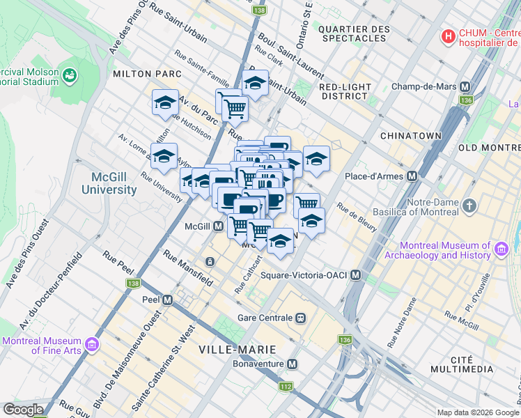 map of restaurants, bars, coffee shops, grocery stores, and more near in Montreal