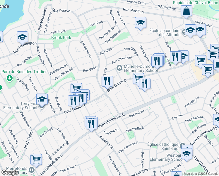 map of restaurants, bars, coffee shops, grocery stores, and more near 12687 Boulevard Gouin Ouest in Montréal