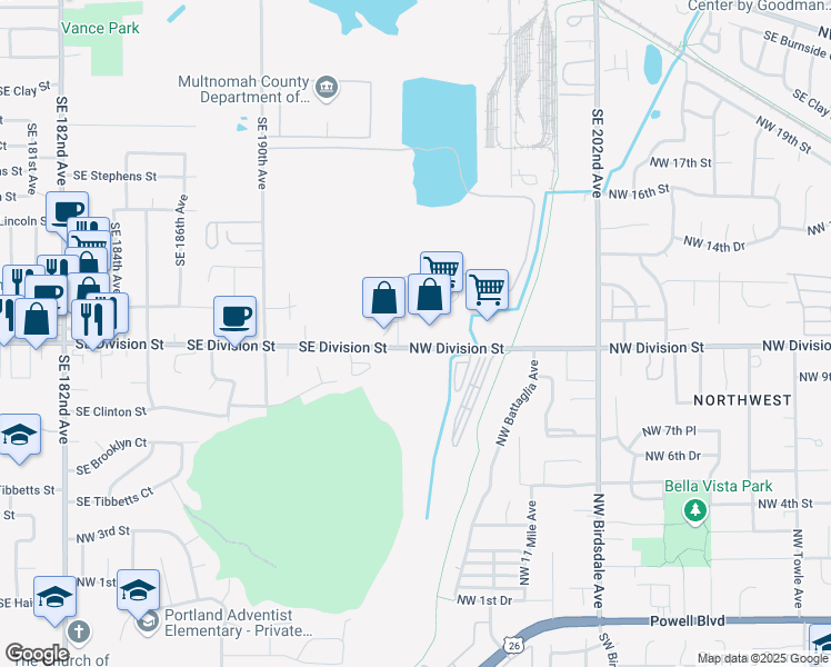 map of restaurants, bars, coffee shops, grocery stores, and more near 2925 NW Division St in Gresham