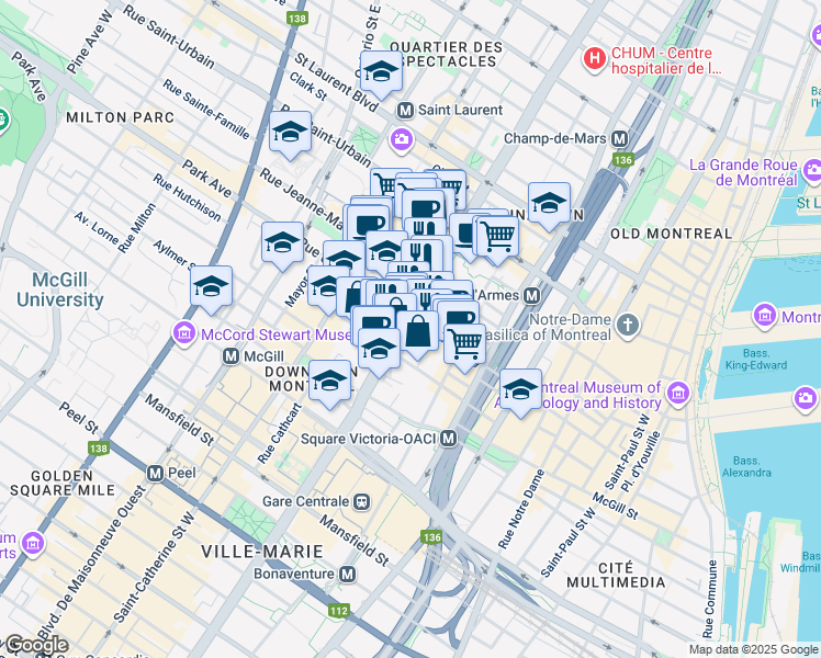 map of restaurants, bars, coffee shops, grocery stores, and more near 400 Boulevard René-Lévesque Ouest in Montréal