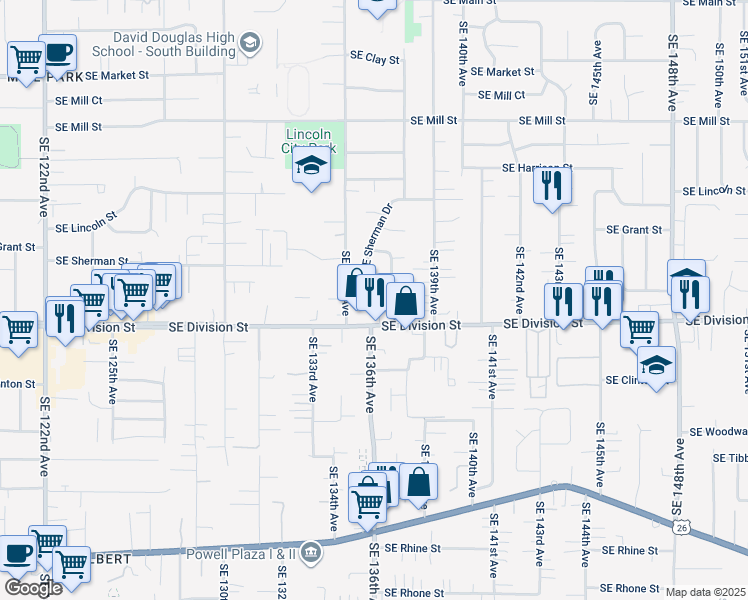 map of restaurants, bars, coffee shops, grocery stores, and more near 2337 Southeast 137th Avenue in Portland