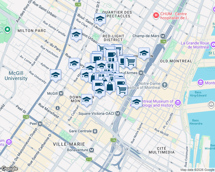 map of restaurants, bars, coffee shops, grocery stores, and more near 400 Boulevard René-Lévesque Ouest in Montréal