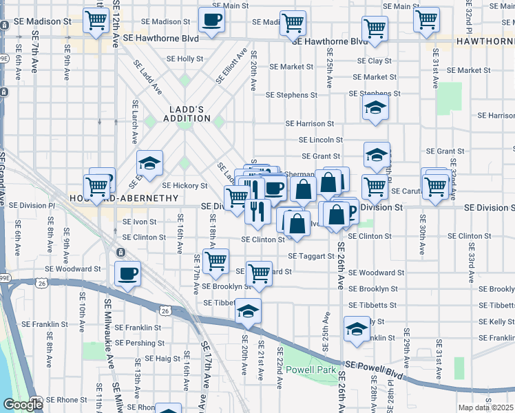 map of restaurants, bars, coffee shops, grocery stores, and more near 2045 Southeast Division Street in Portland