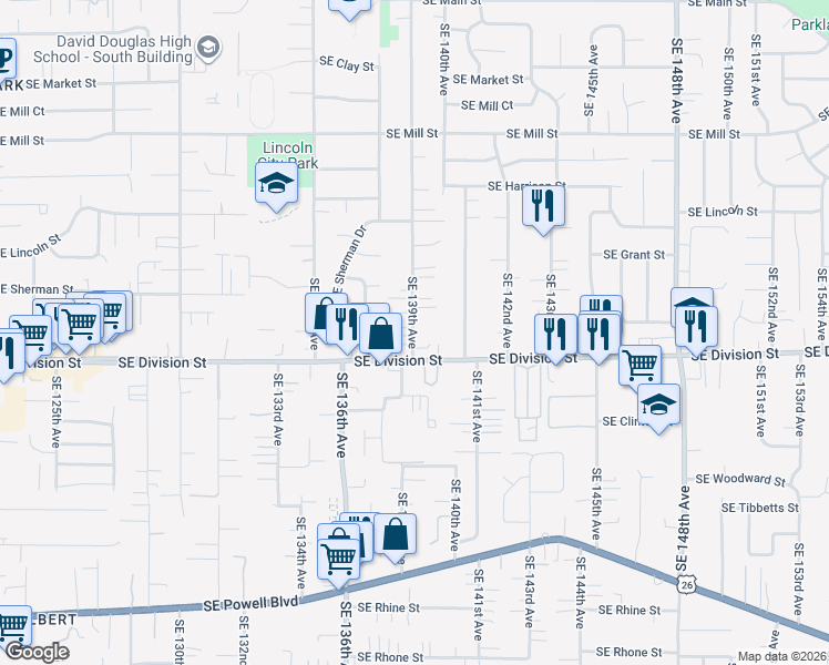 map of restaurants, bars, coffee shops, grocery stores, and more near 2337 Southeast 139th Avenue in Portland