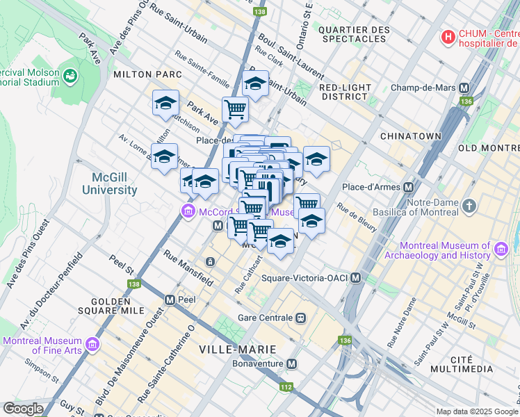 map of restaurants, bars, coffee shops, grocery stores, and more near in Montreal