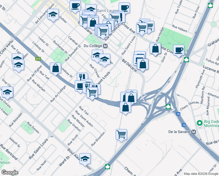 map of restaurants, bars, coffee shops, grocery stores, and more near 306 Rue Crevier in Montréal