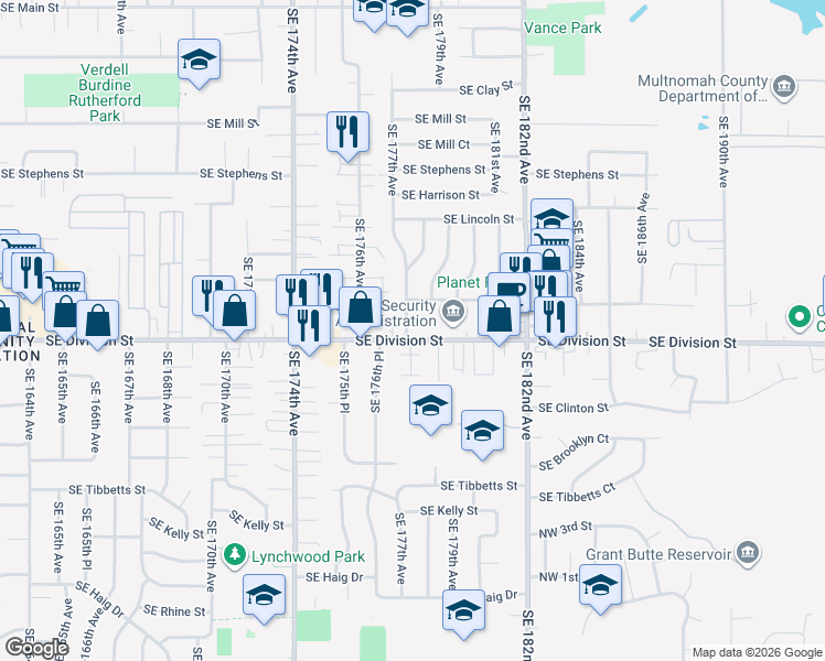 map of restaurants, bars, coffee shops, grocery stores, and more near 17807 Southeast Division Street in Portland