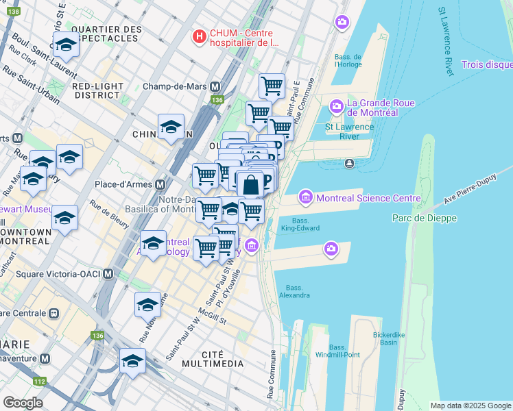 map of restaurants, bars, coffee shops, grocery stores, and more near 50 Rue Saint-Paul Ouest in Montréal