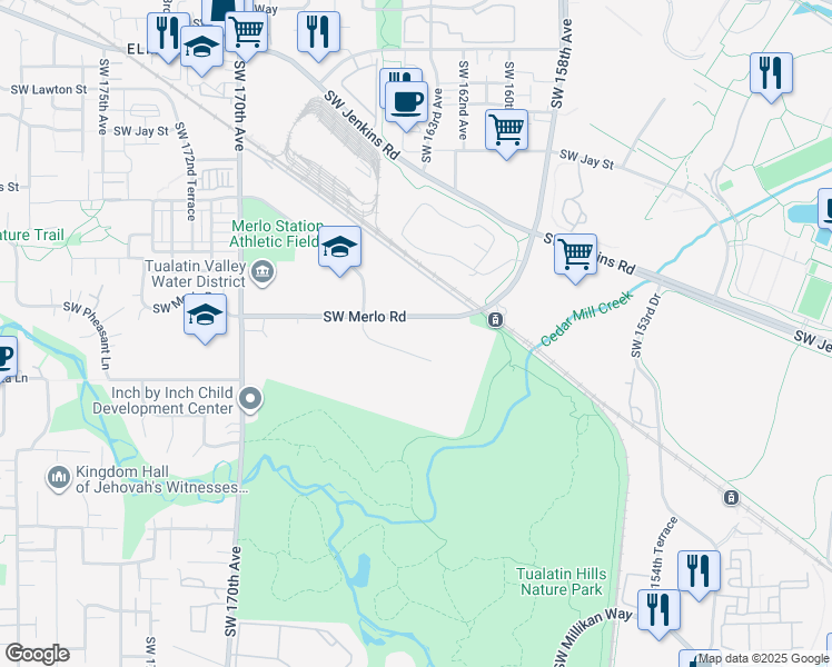 map of restaurants, bars, coffee shops, grocery stores, and more near 2032 Southwest Merlo Court in Beaverton