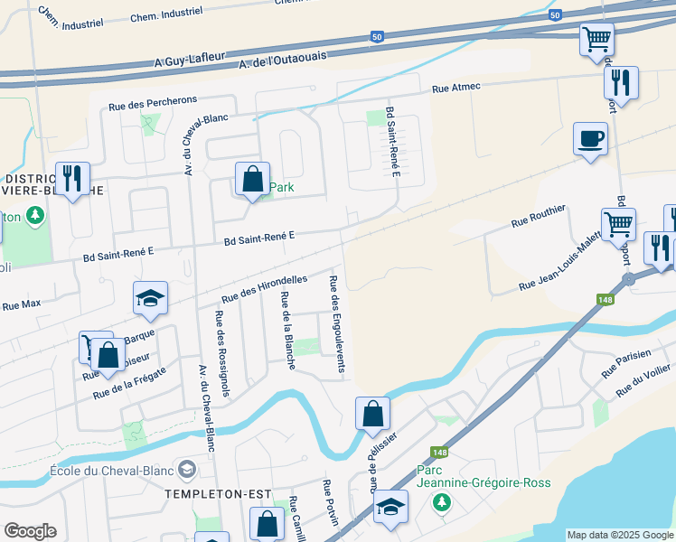 map of restaurants, bars, coffee shops, grocery stores, and more near 96 Rue des Engoulevents in Gatineau