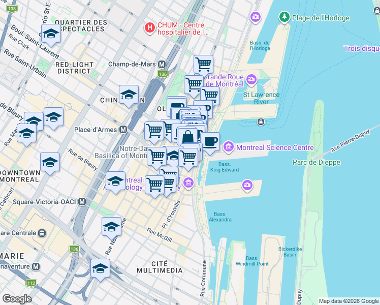 map of restaurants, bars, coffee shops, grocery stores, and more near 50 Rue Saint-Paul Ouest in Montréal
