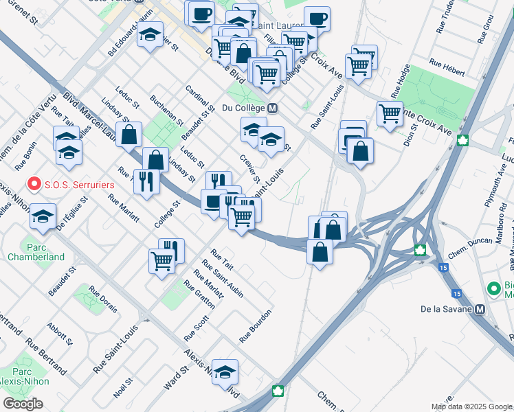 map of restaurants, bars, coffee shops, grocery stores, and more near 1750 Rue Saint-Louis in Montréal