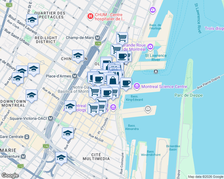 map of restaurants, bars, coffee shops, grocery stores, and more near 65 Rue Saint Paul Ouest in Montréal