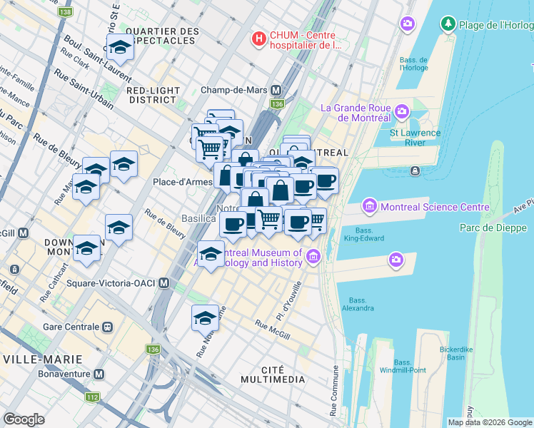 map of restaurants, bars, coffee shops, grocery stores, and more near 42 Place d'Armes in Montréal