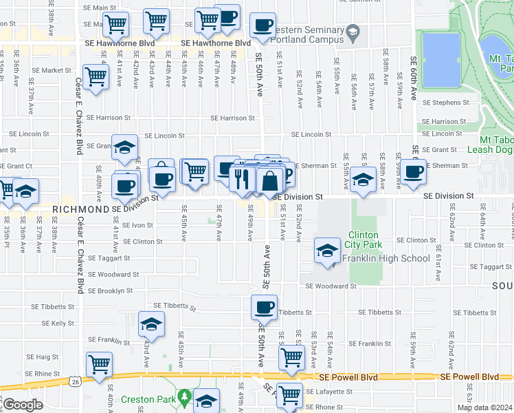 map of restaurants, bars, coffee shops, grocery stores, and more near 2424 Southeast 49th Avenue in Portland