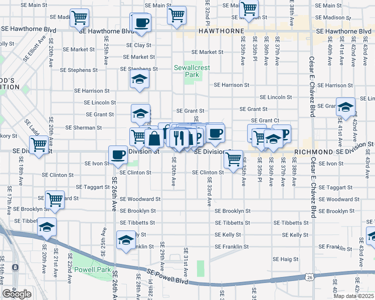 map of restaurants, bars, coffee shops, grocery stores, and more near 3103 Southeast Division Street in Portland