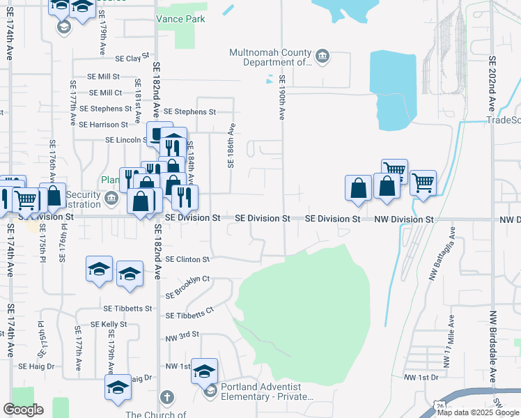 map of restaurants, bars, coffee shops, grocery stores, and more near 18850 Southeast Caruthers Street in Portland