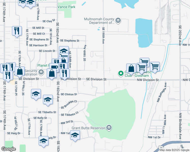 map of restaurants, bars, coffee shops, grocery stores, and more near 18850 Southeast Caruthers Street in Portland