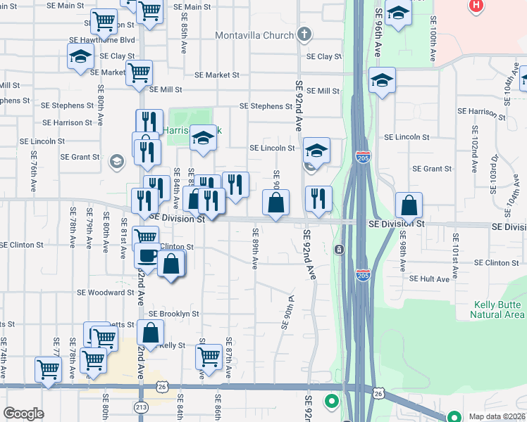 map of restaurants, bars, coffee shops, grocery stores, and more near 2413 Southeast 90th Avenue in Portland
