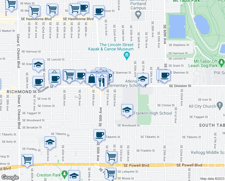 map of restaurants, bars, coffee shops, grocery stores, and more near 2374 Southeast 51st Avenue in Portland