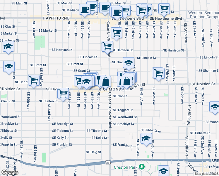 map of restaurants, bars, coffee shops, grocery stores, and more near in Portland