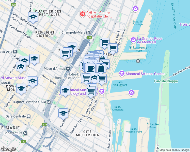 map of restaurants, bars, coffee shops, grocery stores, and more near in Montreal