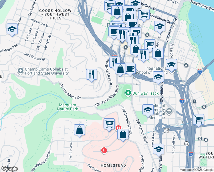 map of restaurants, bars, coffee shops, grocery stores, and more near 2508 Southwest Sheffield Avenue in Portland
