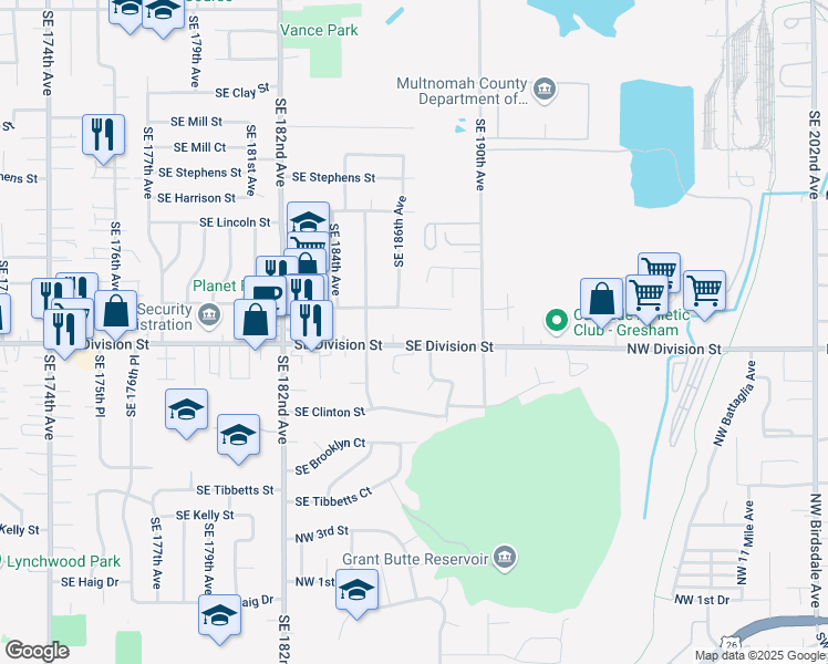 map of restaurants, bars, coffee shops, grocery stores, and more near 18641 Southeast Division Street in Gresham