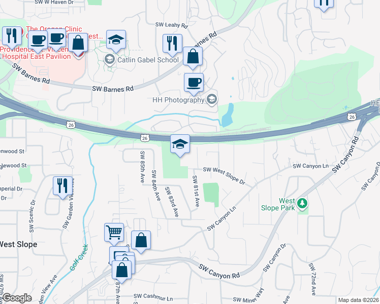 map of restaurants, bars, coffee shops, grocery stores, and more near 8111 Southwest West Slope Drive in Portland
