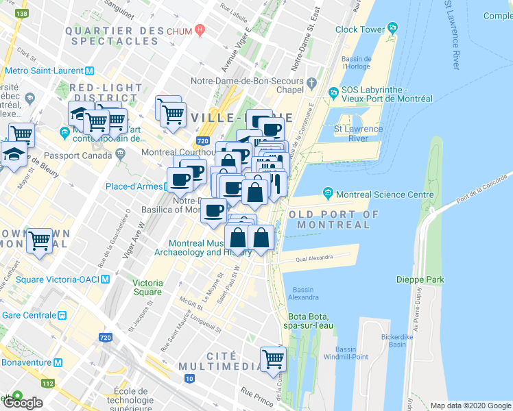 map of restaurants, bars, coffee shops, grocery stores, and more near 65 Rue Saint-Paul Ouest in Montréal