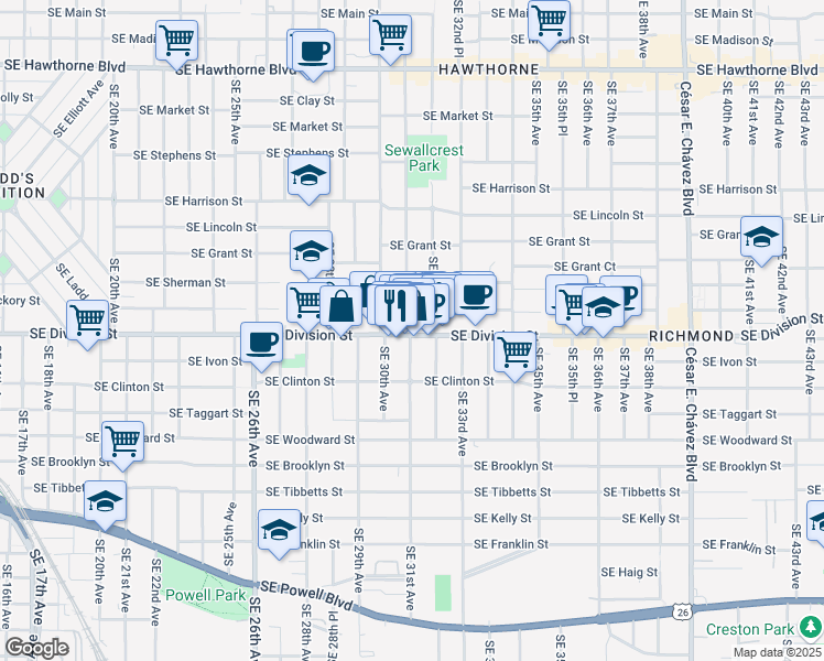 map of restaurants, bars, coffee shops, grocery stores, and more near 3105 Southeast Division Street in Portland