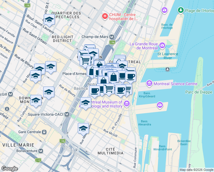map of restaurants, bars, coffee shops, grocery stores, and more near 72 Place d'Armes in Montréal