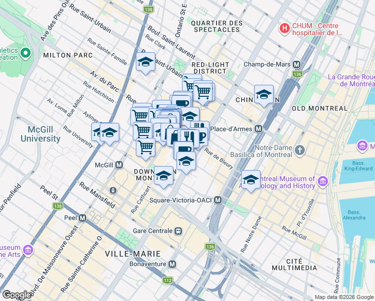 map of restaurants, bars, coffee shops, grocery stores, and more near 1180 Rue de Bleury in Montréal