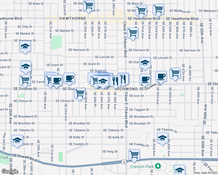 map of restaurants, bars, coffee shops, grocery stores, and more near 3727 Southeast Caruthers Street in Portland