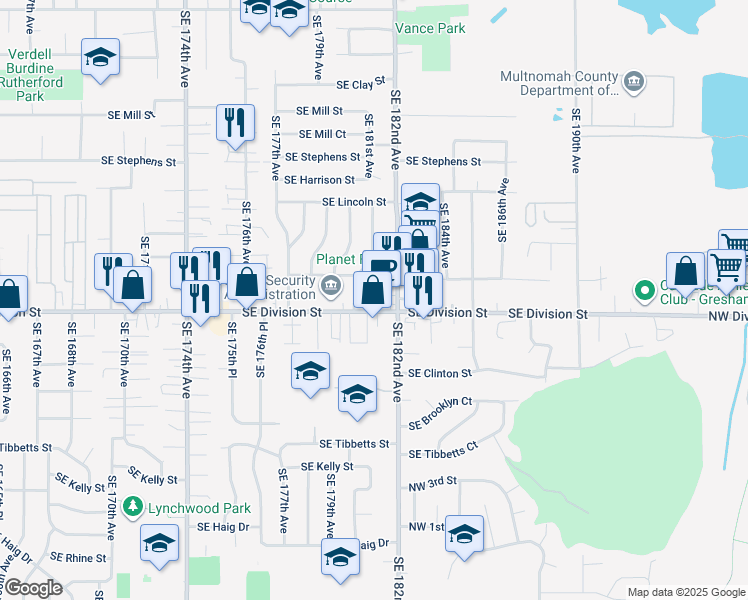 map of restaurants, bars, coffee shops, grocery stores, and more near 18110 Southeast Caruthers Street in Portland