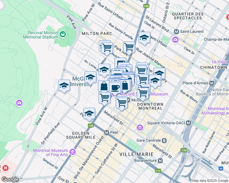 map of restaurants, bars, coffee shops, grocery stores, and more near 680 Sherbrooke Street West in Montreal