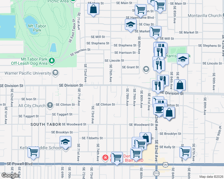 map of restaurants, bars, coffee shops, grocery stores, and more near 7645 Southeast Division Street in Portland