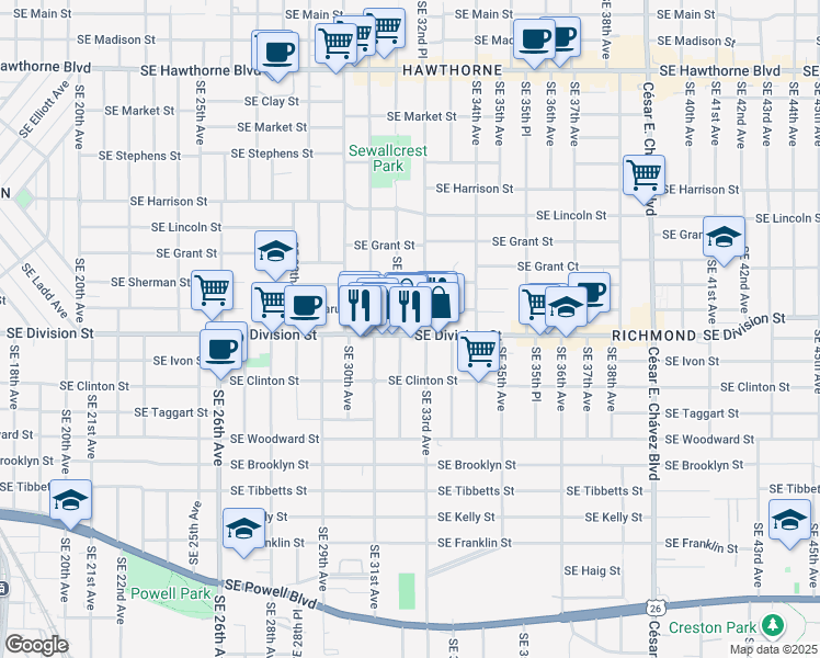 map of restaurants, bars, coffee shops, grocery stores, and more near 3233 Southeast Division Street in Portland