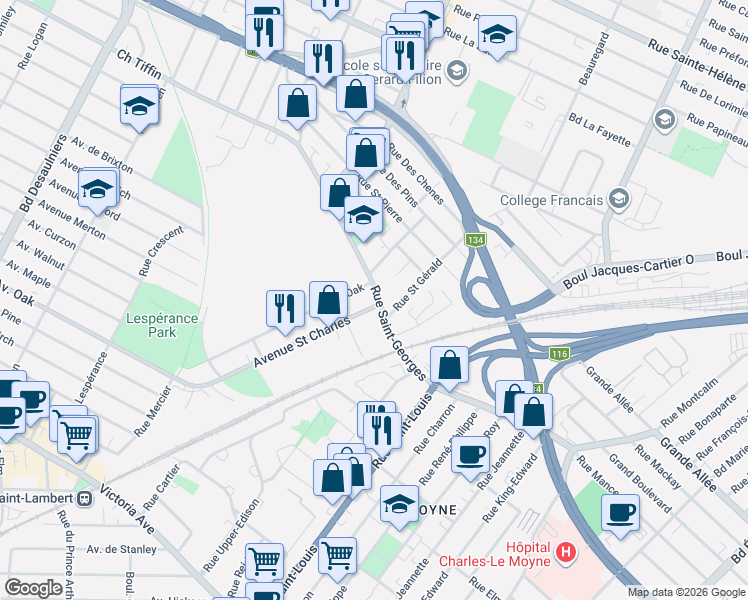 map of restaurants, bars, coffee shops, grocery stores, and more near 200 Rue Saint-Georges in Saint-Lambert
