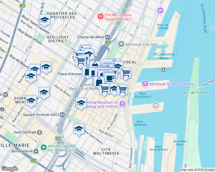 map of restaurants, bars, coffee shops, grocery stores, and more near in Montreal