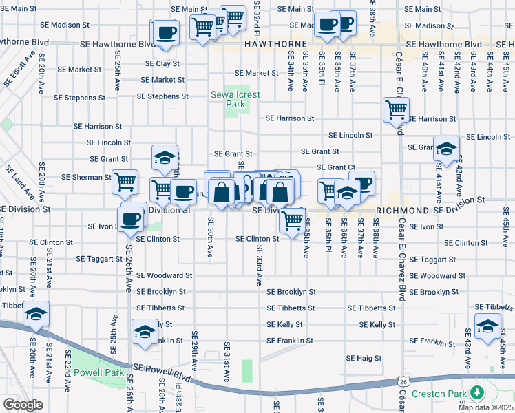 map of restaurants, bars, coffee shops, grocery stores, and more near 3301 Southeast Division Street in Portland
