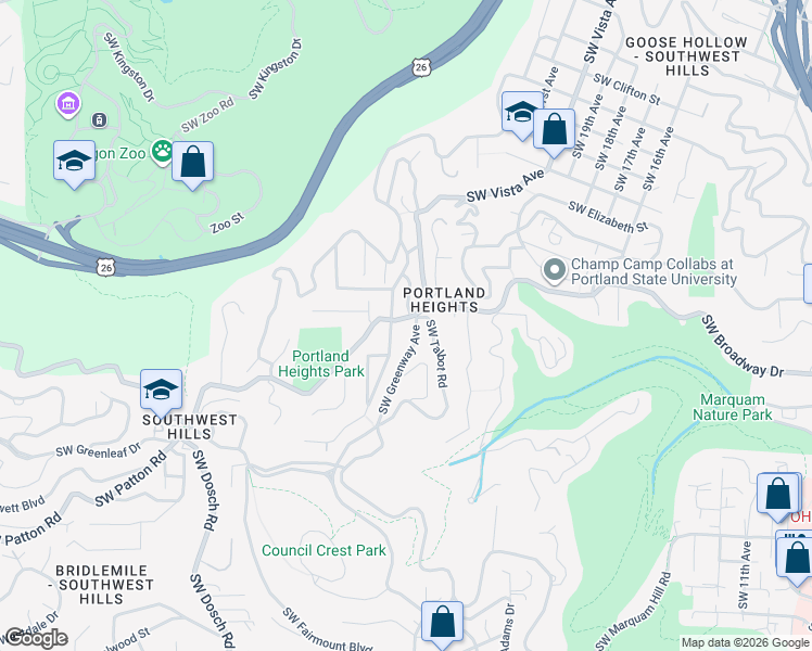 map of restaurants, bars, coffee shops, grocery stores, and more near 2622 Southwest Patton Road in Portland