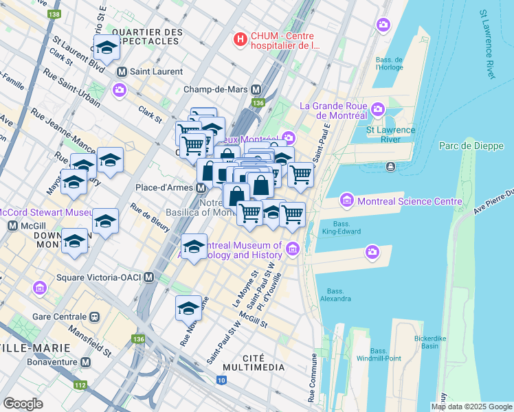 map of restaurants, bars, coffee shops, grocery stores, and more near 84 Rue Notre Dame Ouest in Montréal